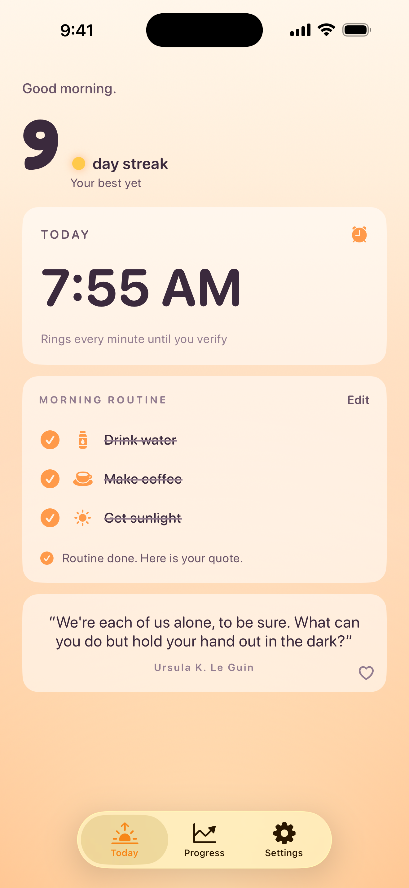 Early Bird Today tab: 9 day streak, tomorrow's alarm at 7:55 AM, and the morning routine.